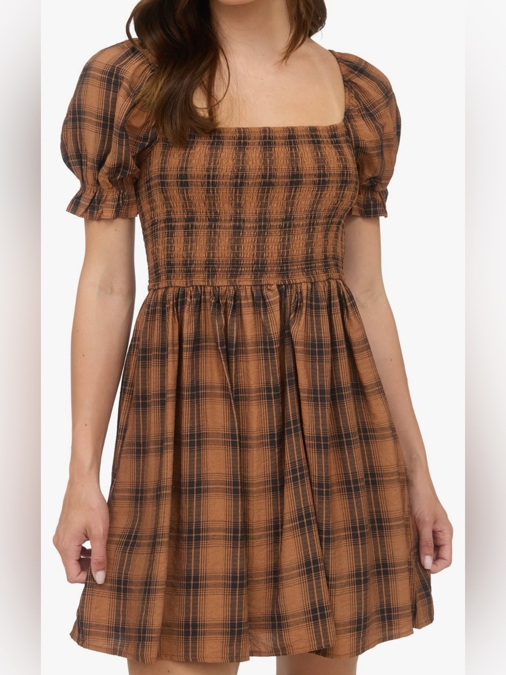 NWT Blu Pepper Plaid Smocked Puff Sleeve Mini Dress Brown Black Large